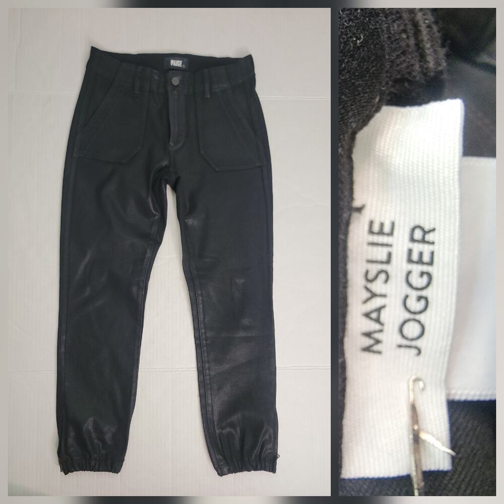 Paige Mayslie Jogger Pants Sz 27 Coated Black Stretch Utility Zipper Ankle Zip